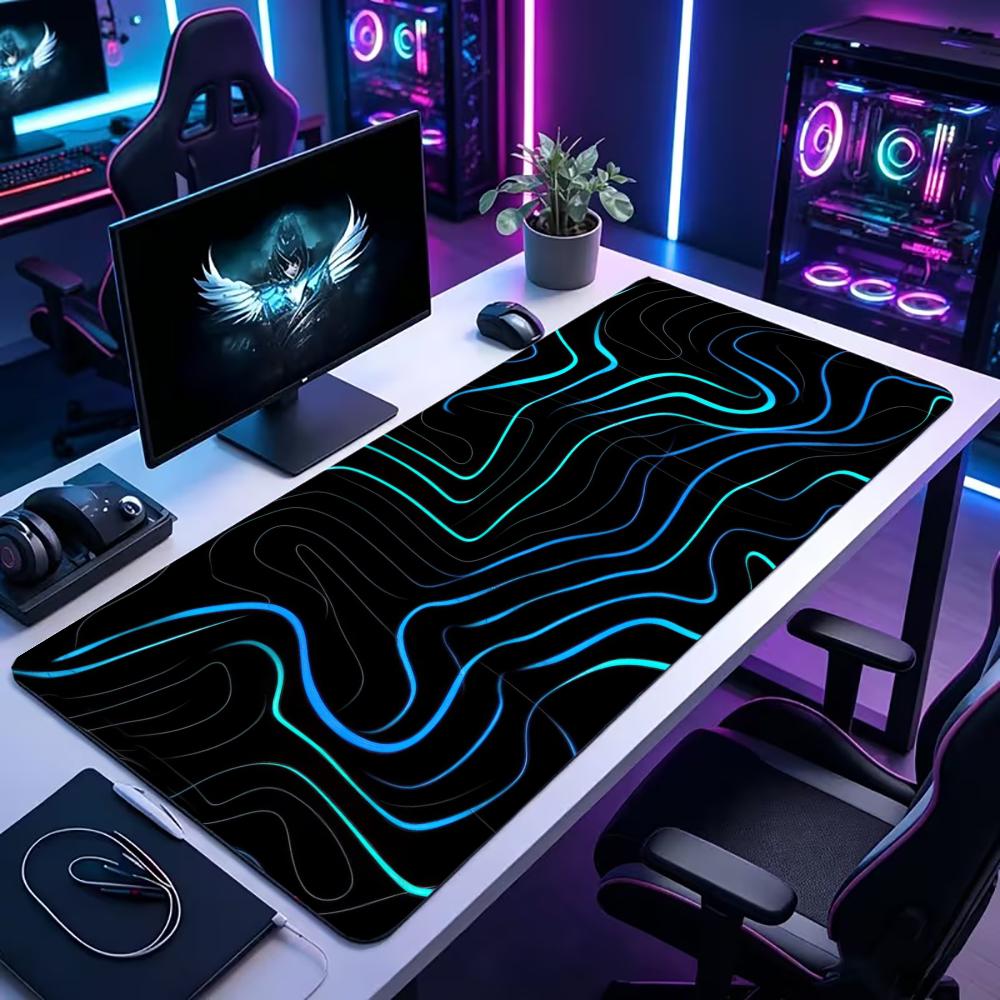 Office And Tech - แผ่นรองเมาส์เกมมิ่งขนาดใหญ่ XXL แผ่นรองคีย์บอร์ด สีฟ้า นีออน ลายเส้นคอนทัวร์